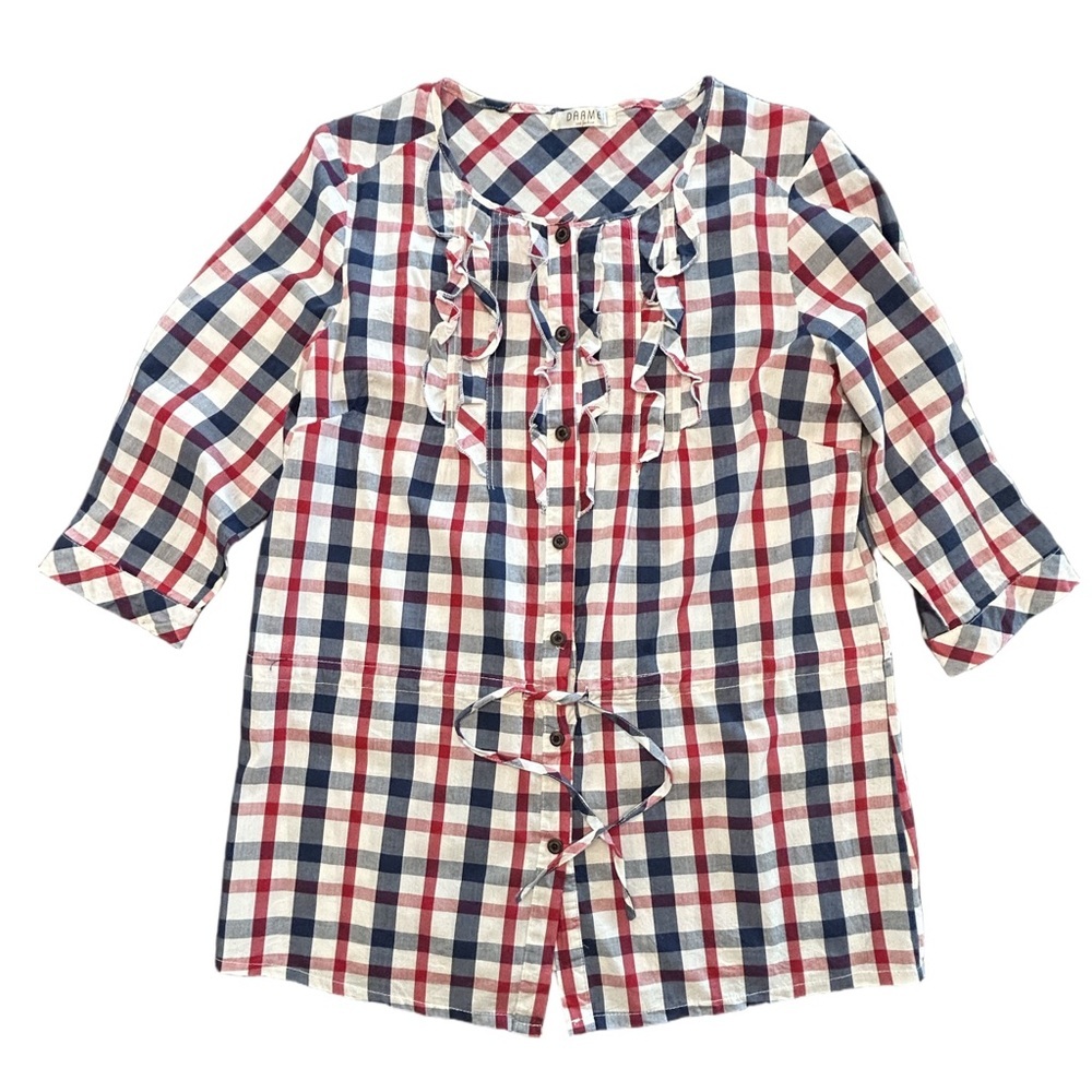 Country chic cottagecore red white blue plaid tunic with tie & ruffle detail L